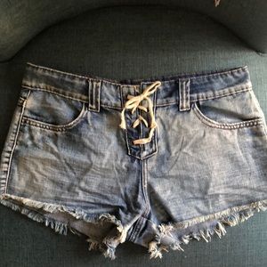 Others Follow lace up denim shorts.